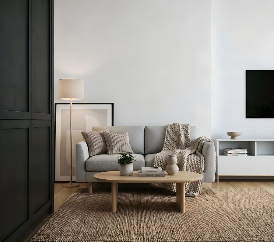 La même photo immobilière après retouche IA : HDR sur la fenêtre, verticales redressées, couleurs justes