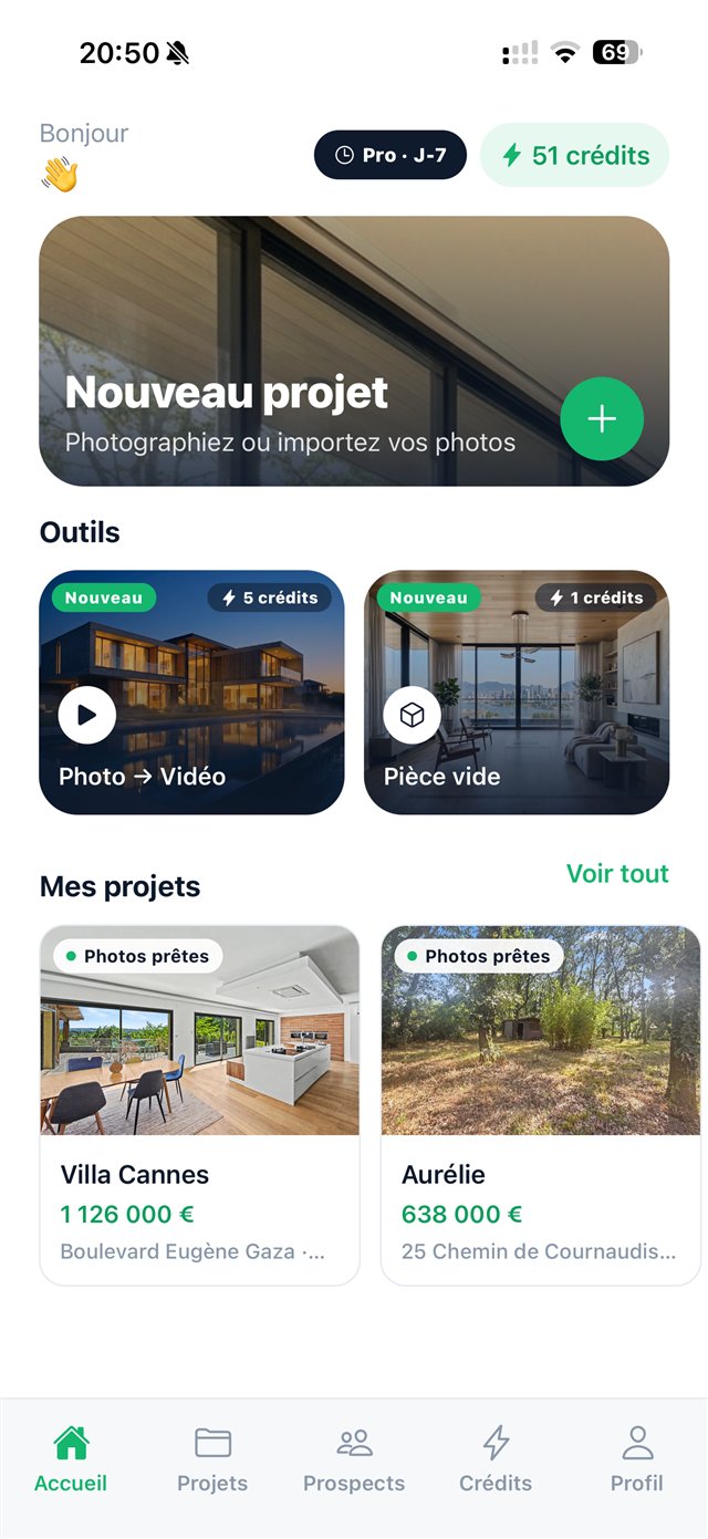 Application WeRetouche — écran d'accueil avec projets immobiliers